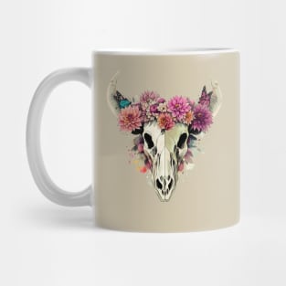 Cow Skull butterflies and floral dahlias crown, rodeo, wild, farm, cowgirl, cow, watercolor style Mug
